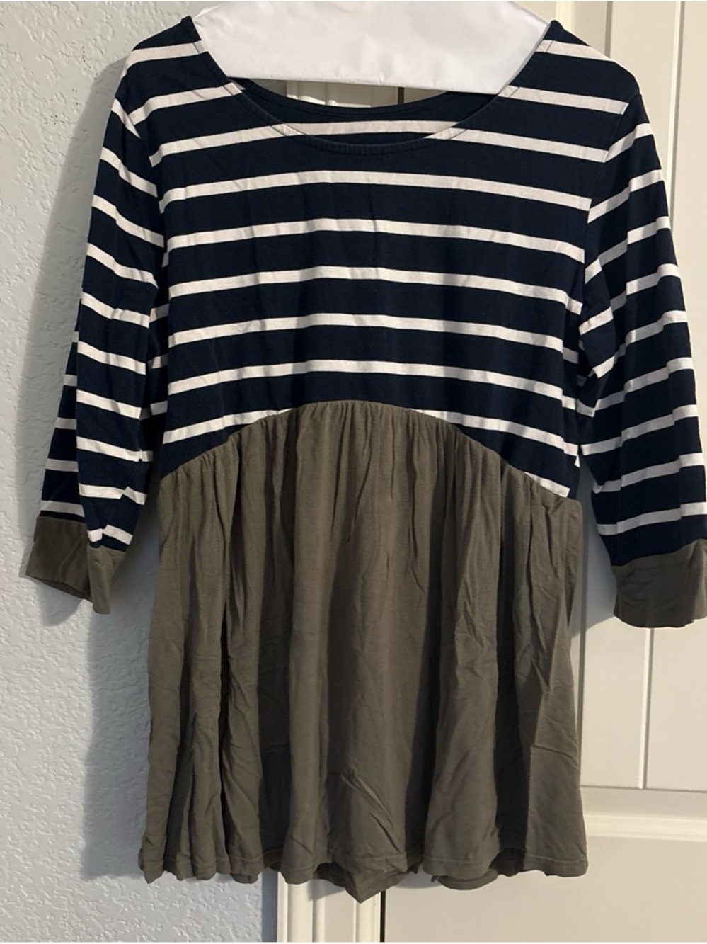 Maternity Navy Stripe and Olive Green Two-Tone Top